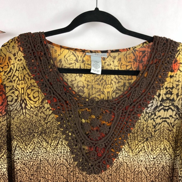 Catherines Top Tunic Crotchet V-neck 3/4 Bell Sleeves Multi print Earth tones 16 - Picture 4 of 7